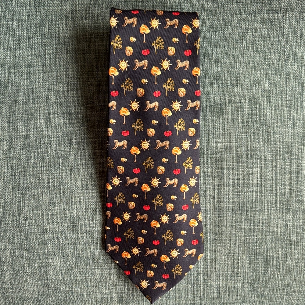 Salvadore Ferragamo Men's 100% silk jungle sun leopard animal tie black EUC work